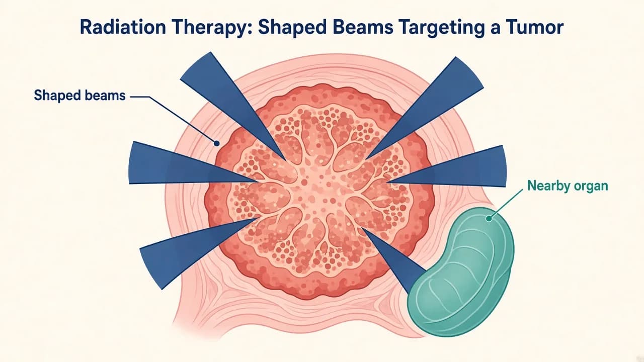 Illustration of shaped radiation beams conforming to a tumor outline while limiting a nearby organ