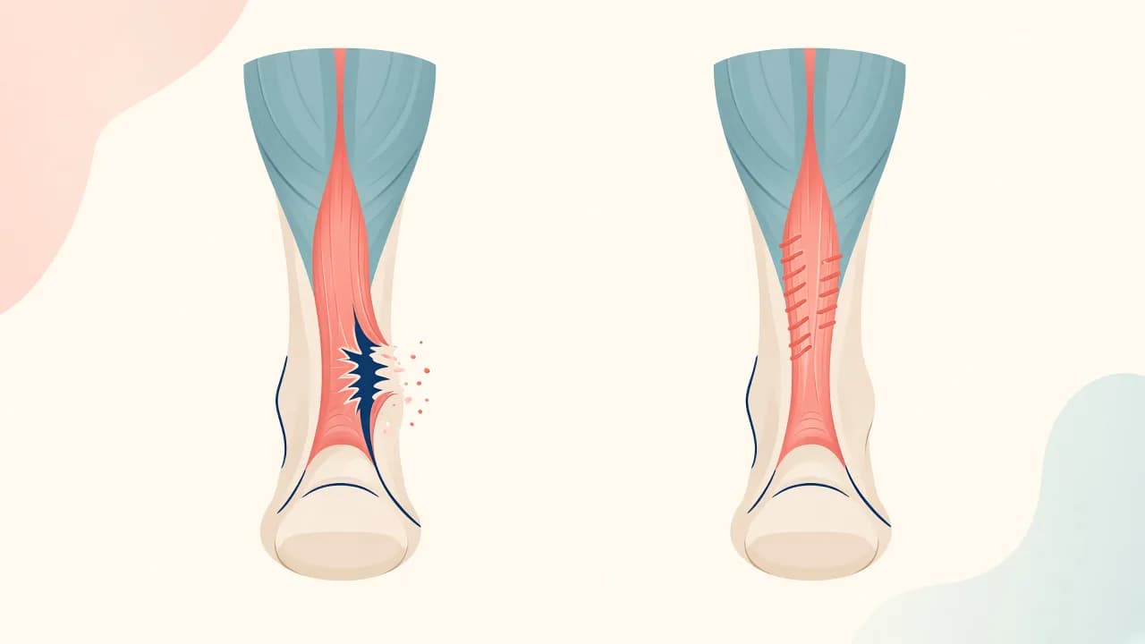 Illustration of an Achilles tendon rupture and conceptual suture repair