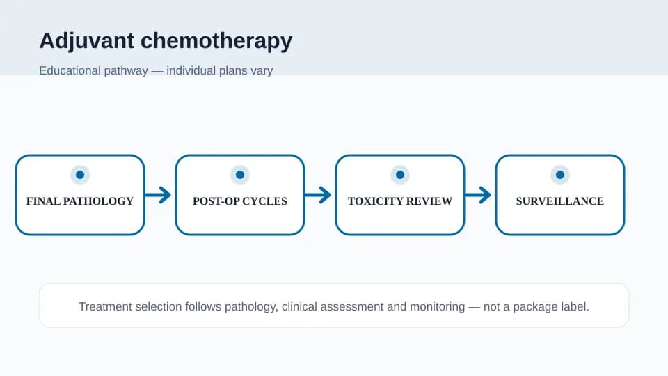 Medical illustration showing final pathology review, post-operative chemotherapy cycles, toxicity checks and surveillance