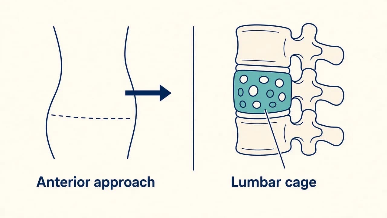 Illustration of an anterior corridor used to place a lumbar interbody cage during ALIF