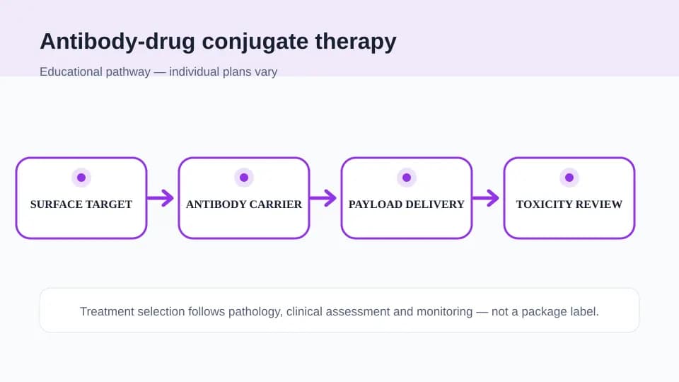 Medical illustration showing a surface target, antibody carrier, linked drug payload and toxicity review