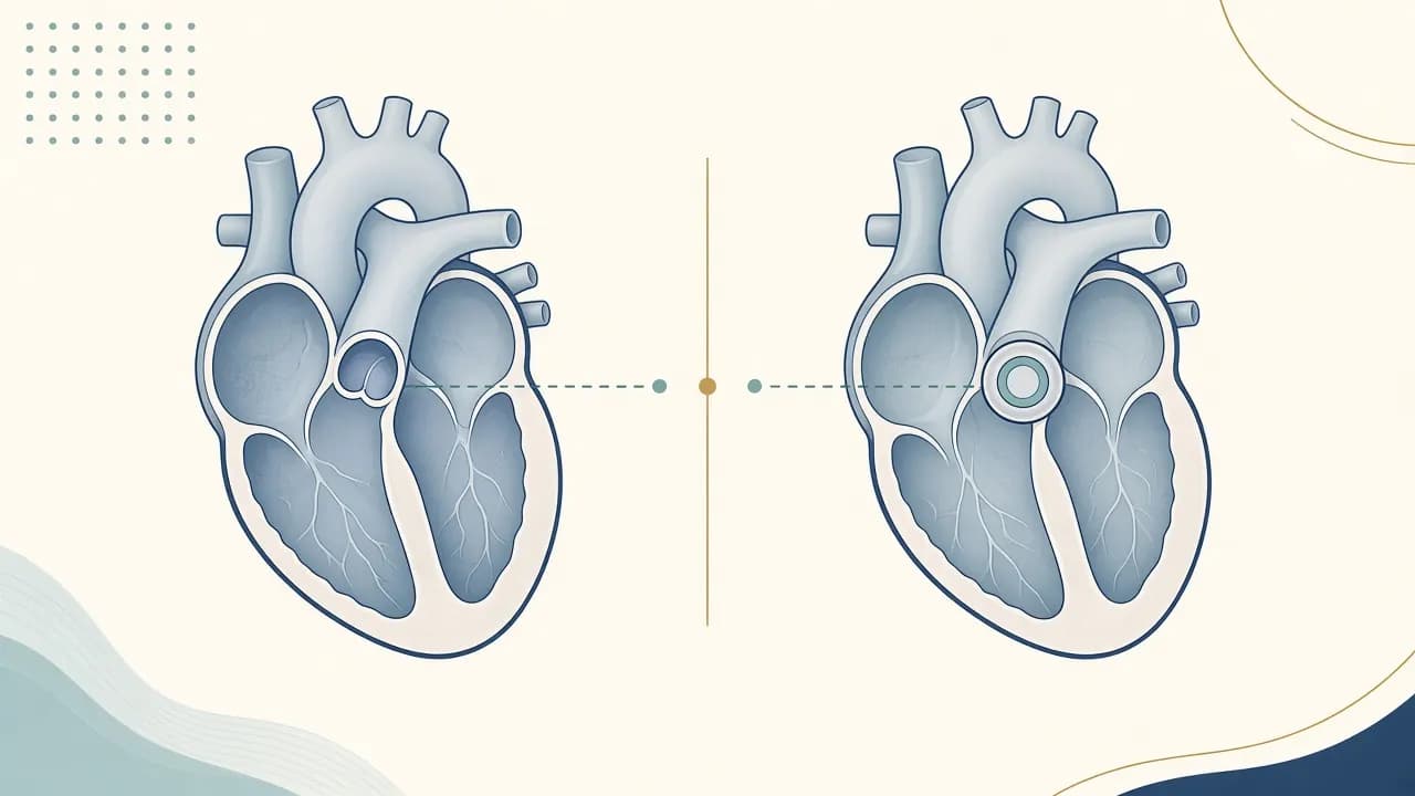 Illustration showing an atrial septal defect and the opening sealed during ASD closure