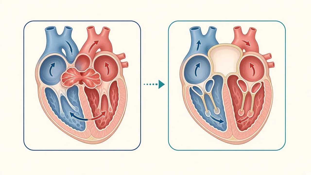 Illustration showing an atrioventricular septal defect and the concept of AVSD repair