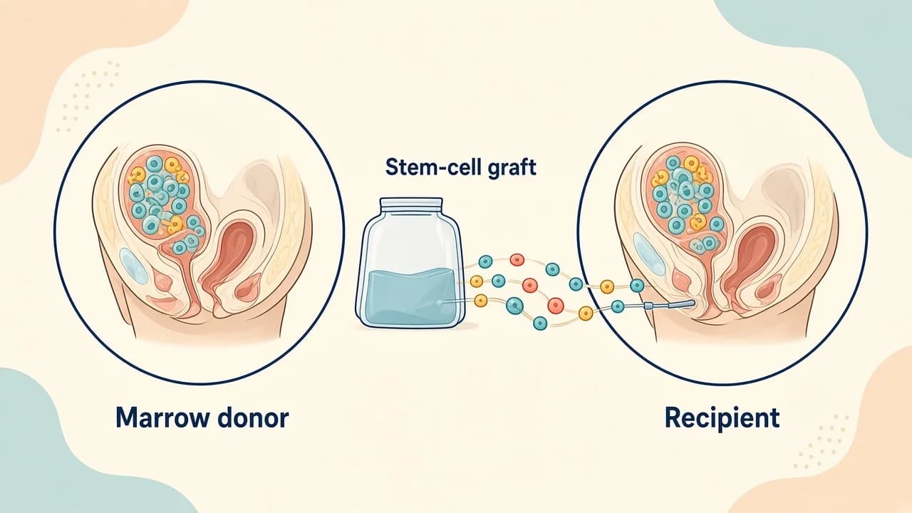 Medical illustration showing donor or graft planning, conditioning, stem-cell infusion and monitored engraftment