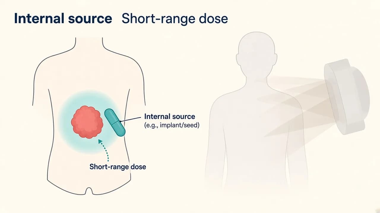 Illustration of an internal radiation source placed near a tumor with a short-range dose cloud
