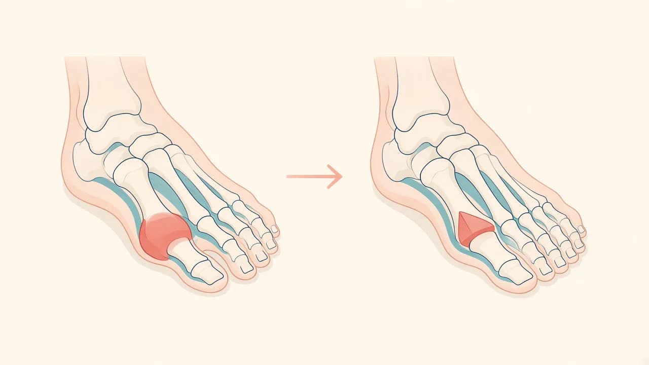 Illustration of a hallux valgus bunion and a conceptually realigned first toe