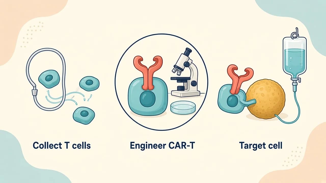 Medical illustration showing apheresis, CAR-T cell engineering, lymphodepleting treatment and monitored cell infusion