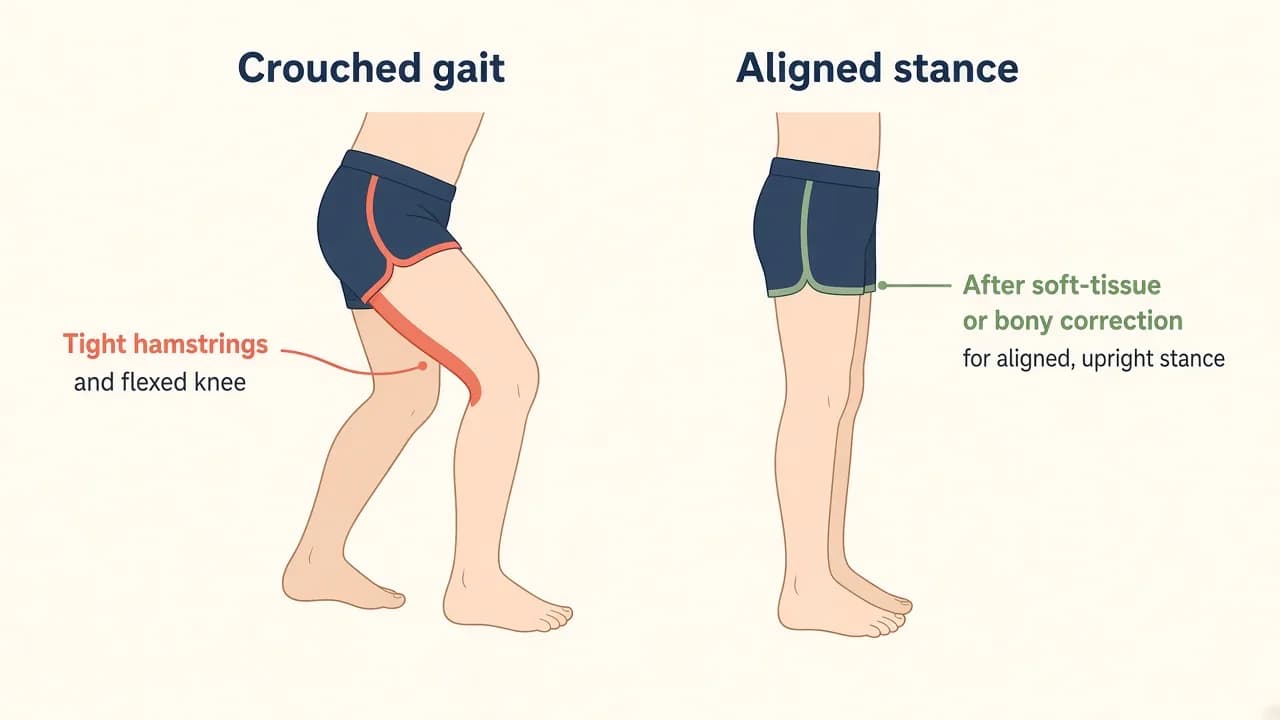Illustration of a child's crouched gait beside a more upright stance after orthopaedic correction