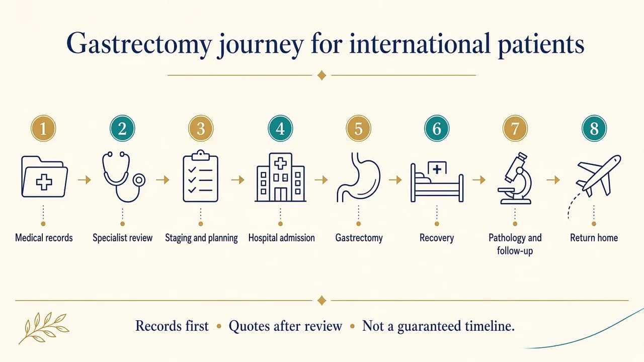 Illustration of the gastrectomy treatment journey for international patients travelling to India