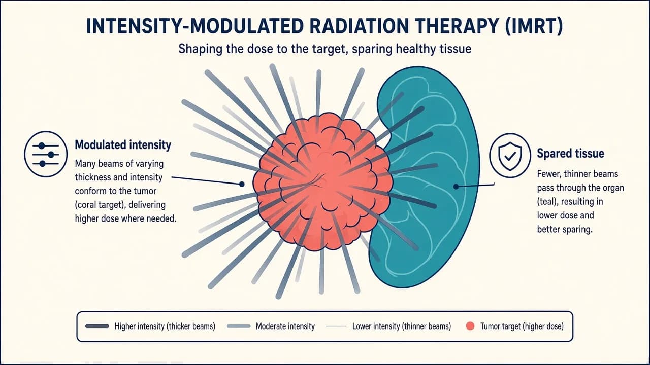 Illustration of intensity-modulated radiation beams wrapping a tumor while reducing dose to nearby tissue