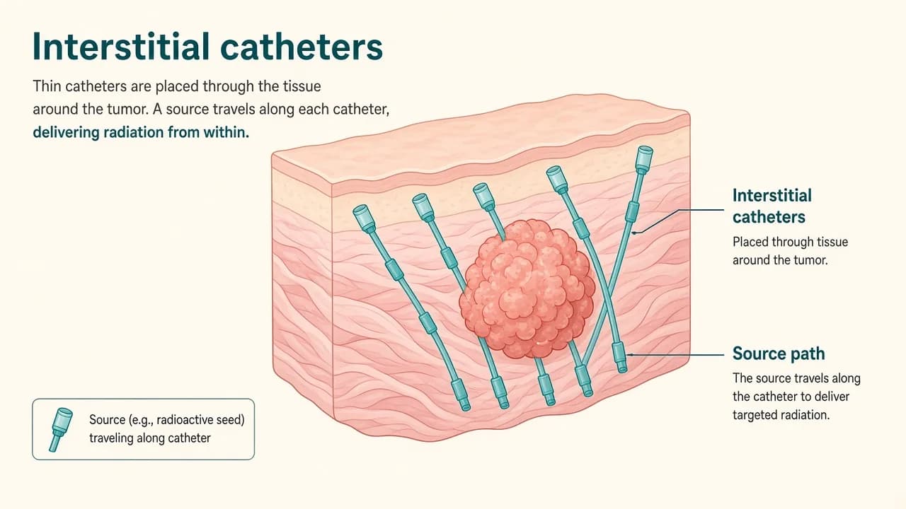 Illustration of interstitial brachytherapy needles placed in tissue around a tumor bed