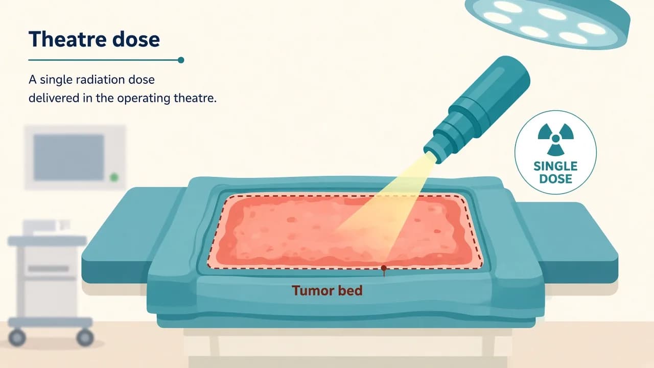 Illustration of intraoperative radiotherapy delivering a single dose to an exposed tumor bed during surgery