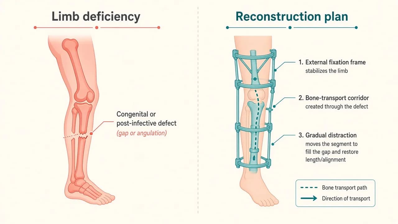 Illustration of a child's deficient lower limb beside a frame reconstruction and bone-transport corridor
