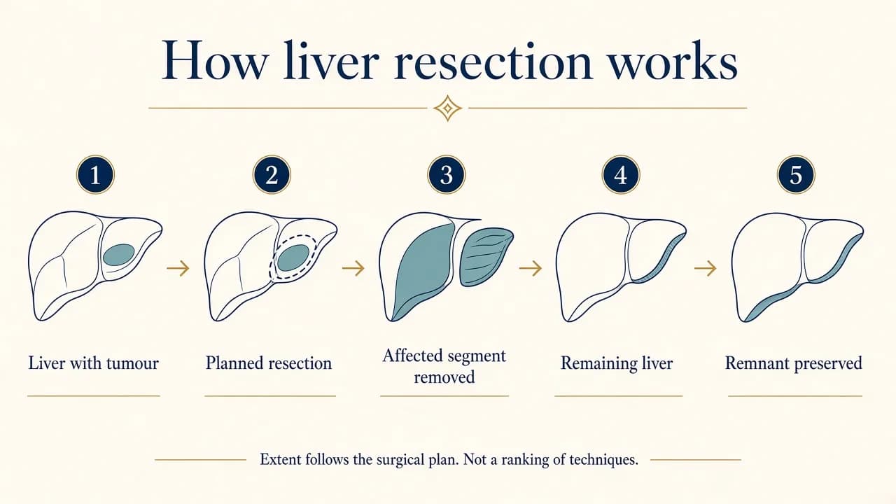 Medical illustration showing how liver resection removes a diseased portion of the liver while preserving the remaining liver tissue