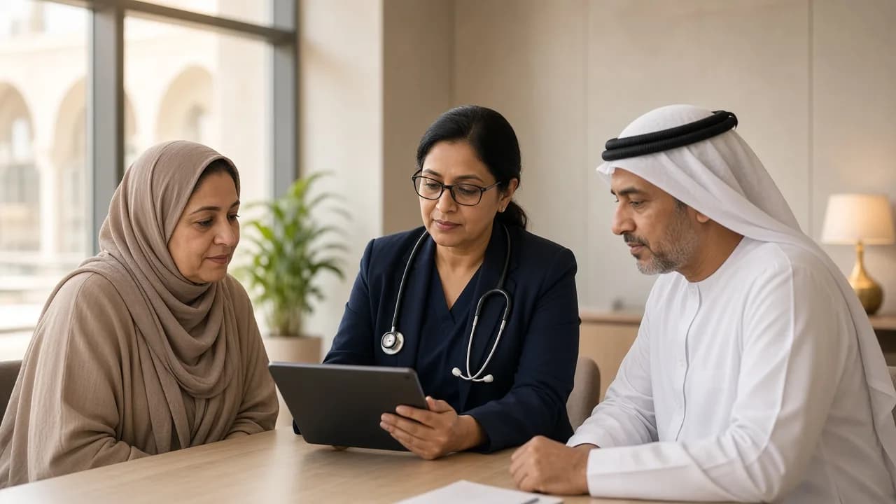 A surgical oncologist reviewing imaging on a tablet with an international patient and family member during a private consultation.
