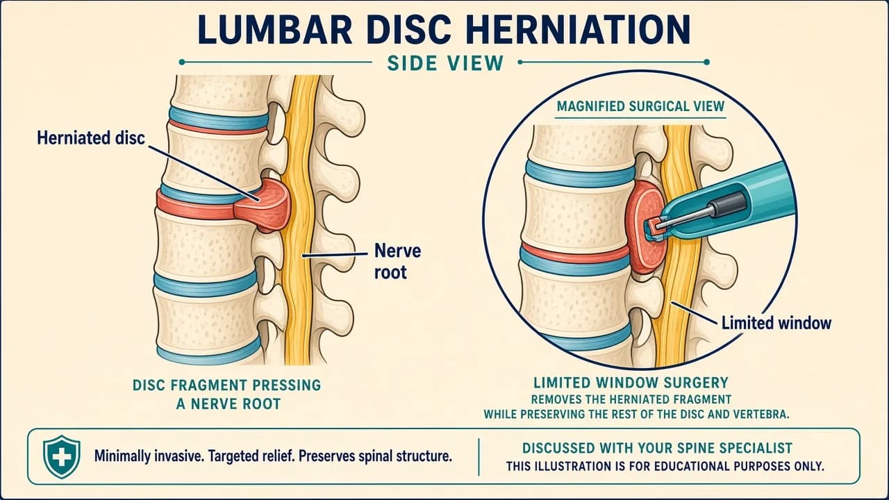 Illustration of a herniated lumbar disc and a magnified window used for microdiscectomy