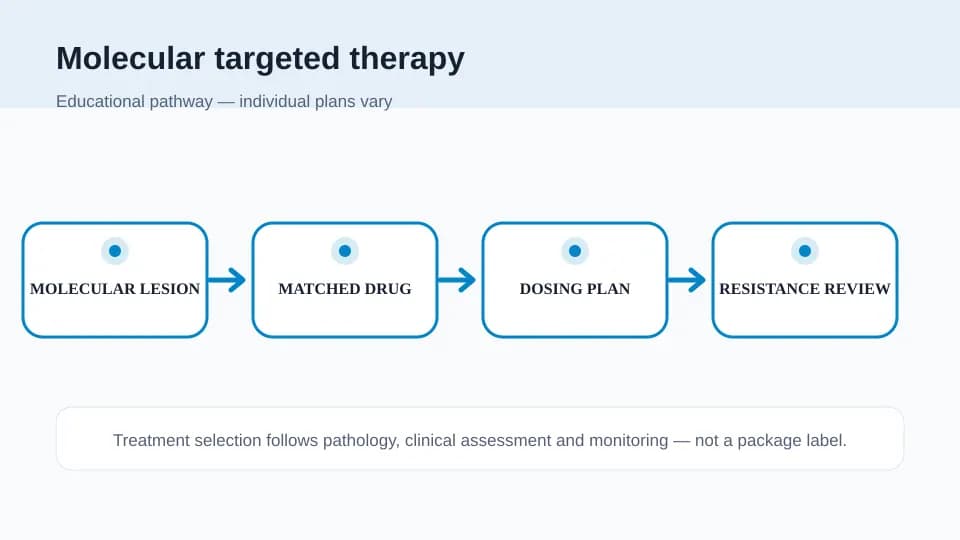 Medical illustration showing a molecular lesion, matched medicine, dosing plan and resistance reassessment