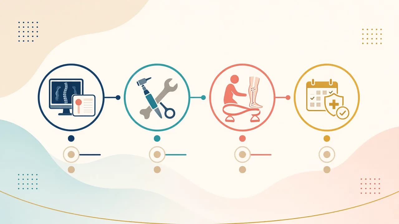 Illustration of evaluation, surgery, ward recovery and physiotherapy for partial knee replacement