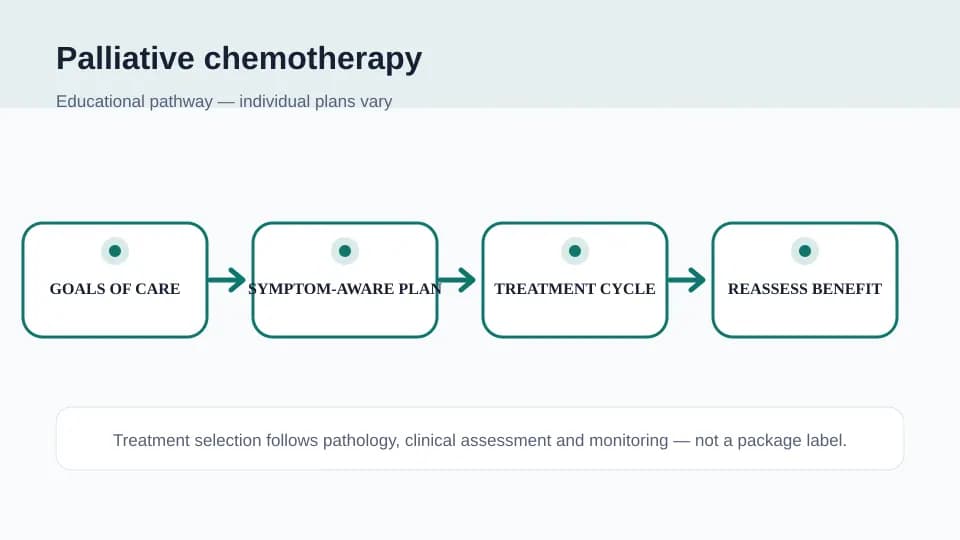 Medical illustration showing goals-of-care review, symptom-aware chemotherapy, treatment cycles and benefit reassessment