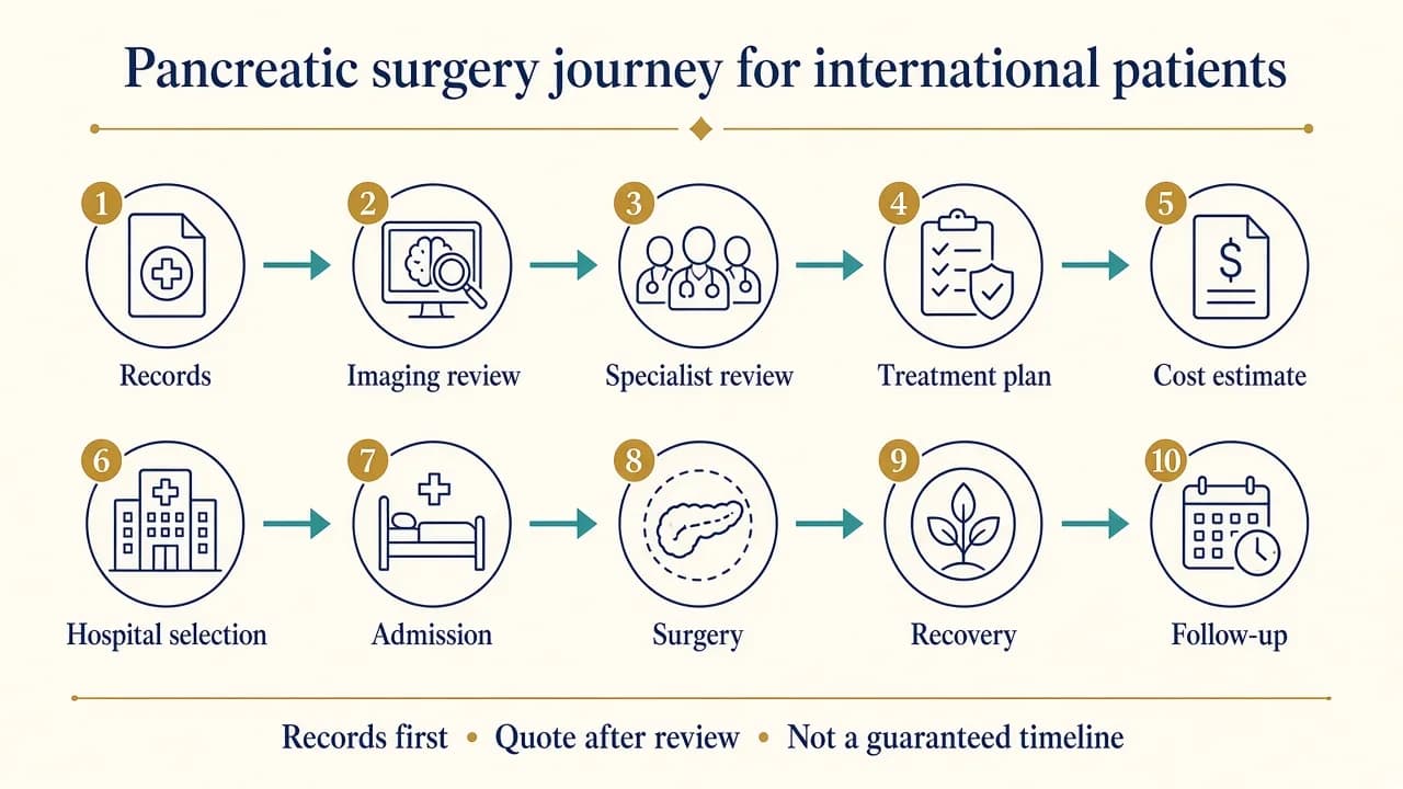 Illustration showing the treatment journey for international patients planning pancreatic surgery in India