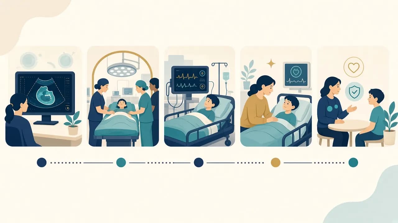 Illustration of evaluation, treatment, intensive care and follow-up for Fontan procedure