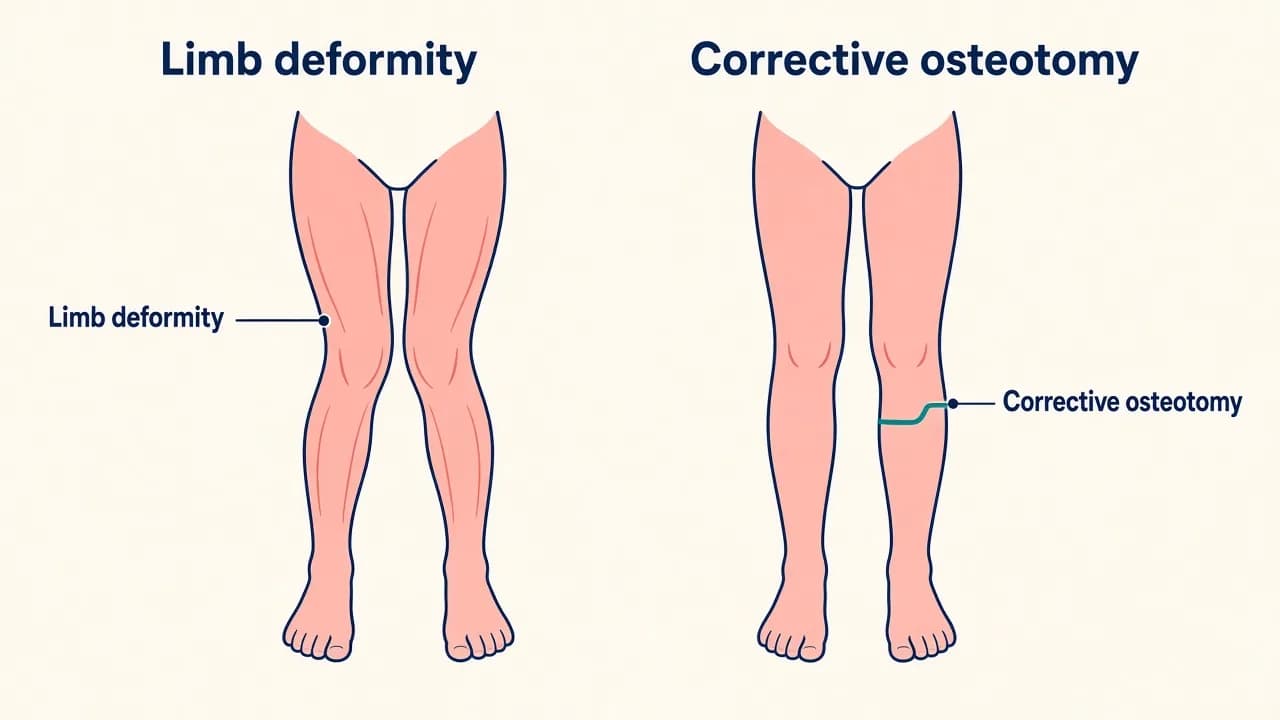 Illustration of a child's bowed legs beside a straighter alignment after corrective osteotomy