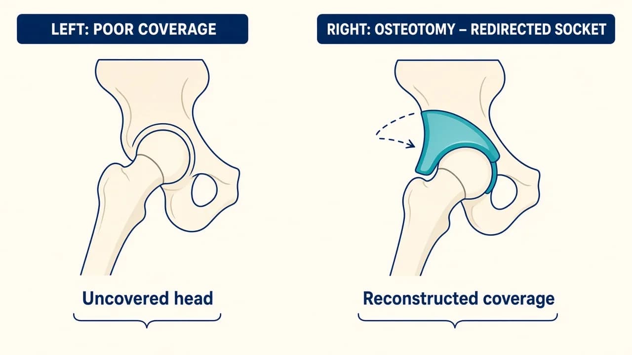 Illustration of an uncovered child's femoral head beside a reconstructed hip with improved coverage