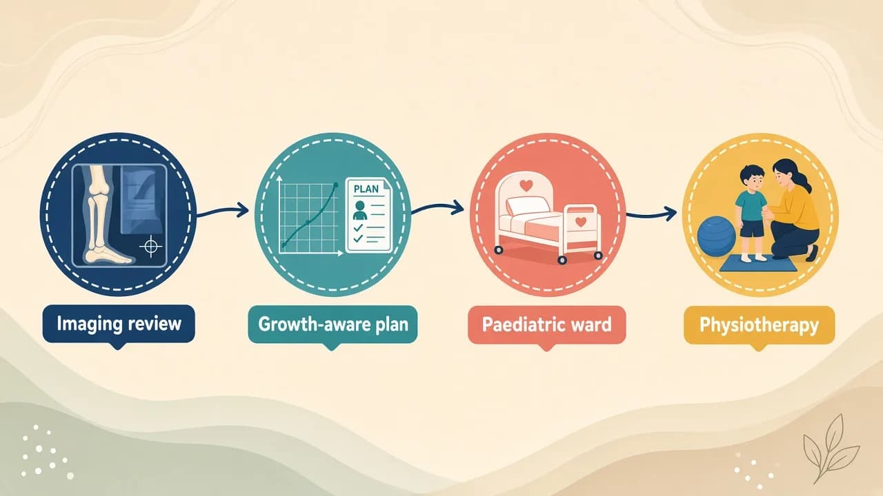 Illustration of imaging review, growth-aware planning, paediatric ward recovery and physiotherapy for clubfoot correction surgery