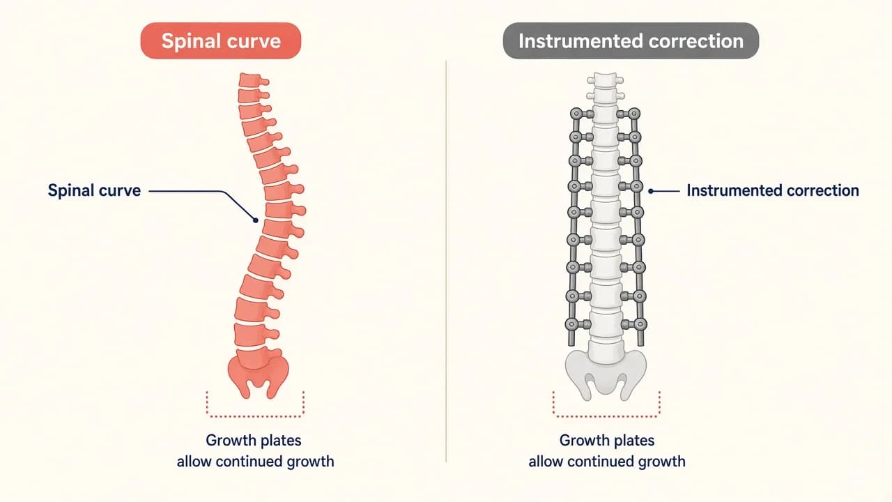 Illustration of a child's curved spine beside an instrumented scoliosis correction
