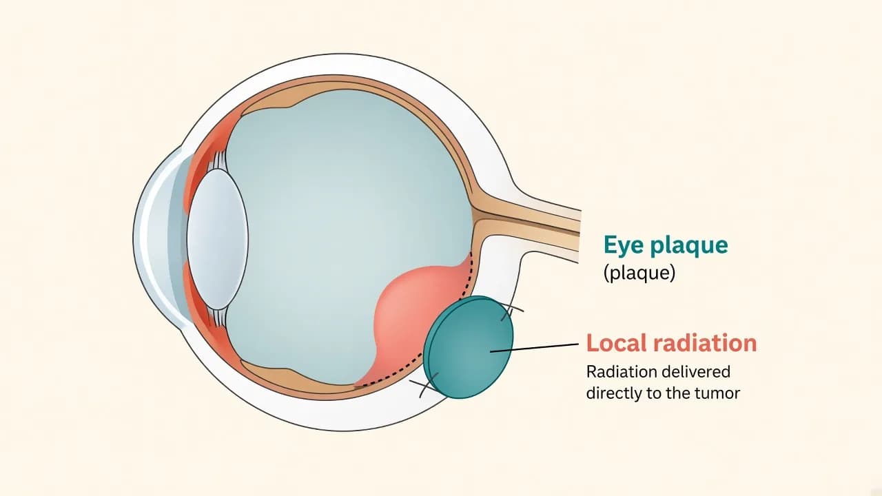 Illustration of an ocular radiation plaque positioned on the wall of the eye beside an intraocular tumor