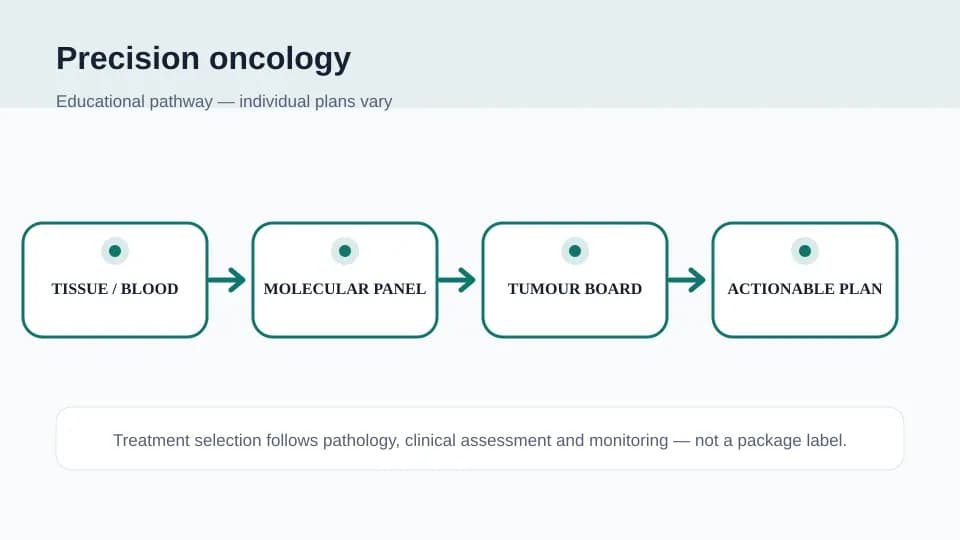 Medical illustration showing tumour tissue or blood testing, a molecular panel, tumour-board review and an actionable plan