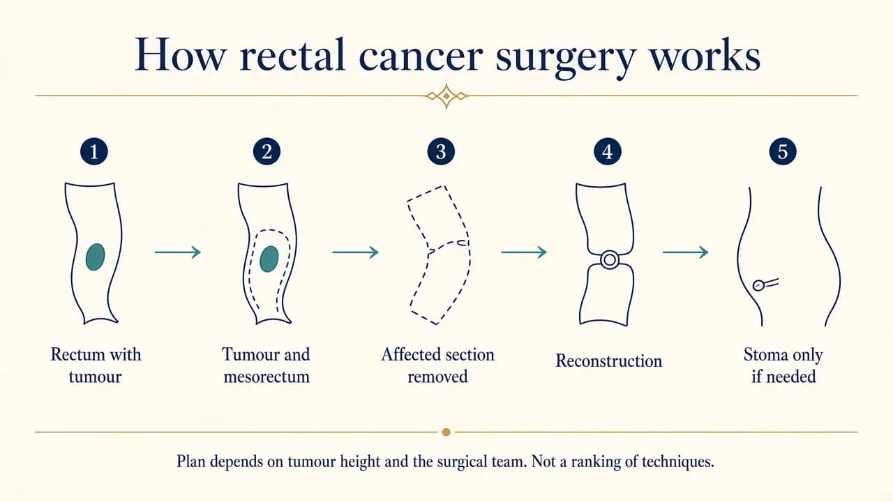 Medical illustration showing the main stages of rectal cancer surgery including tumour removal, surrounding tissue surgery and bowel reconstruction