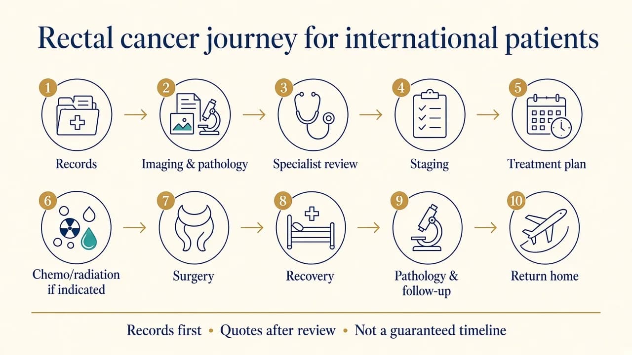 Illustration showing the rectal cancer treatment journey for international patients travelling to India
