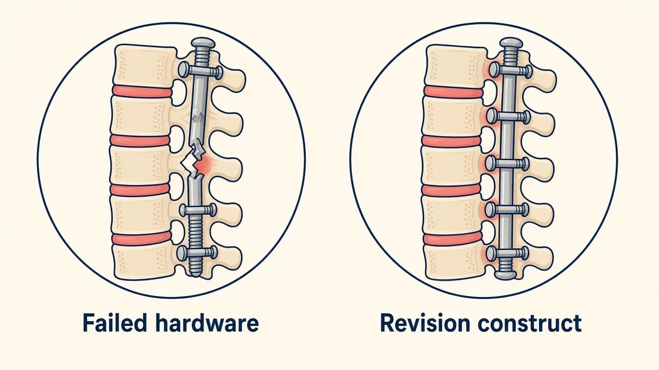Illustration of failed spinal hardware being exchanged for a revision construct