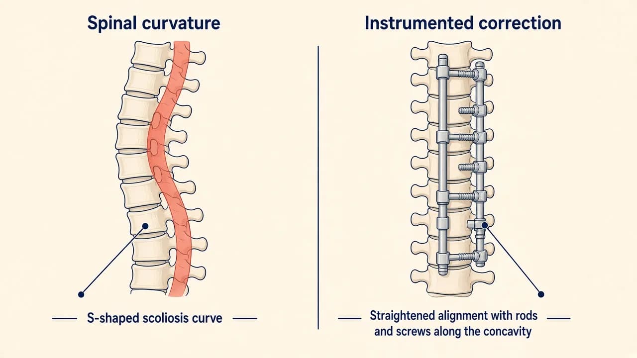 Illustration of a curved spine and the concept of instrumented scoliosis correction