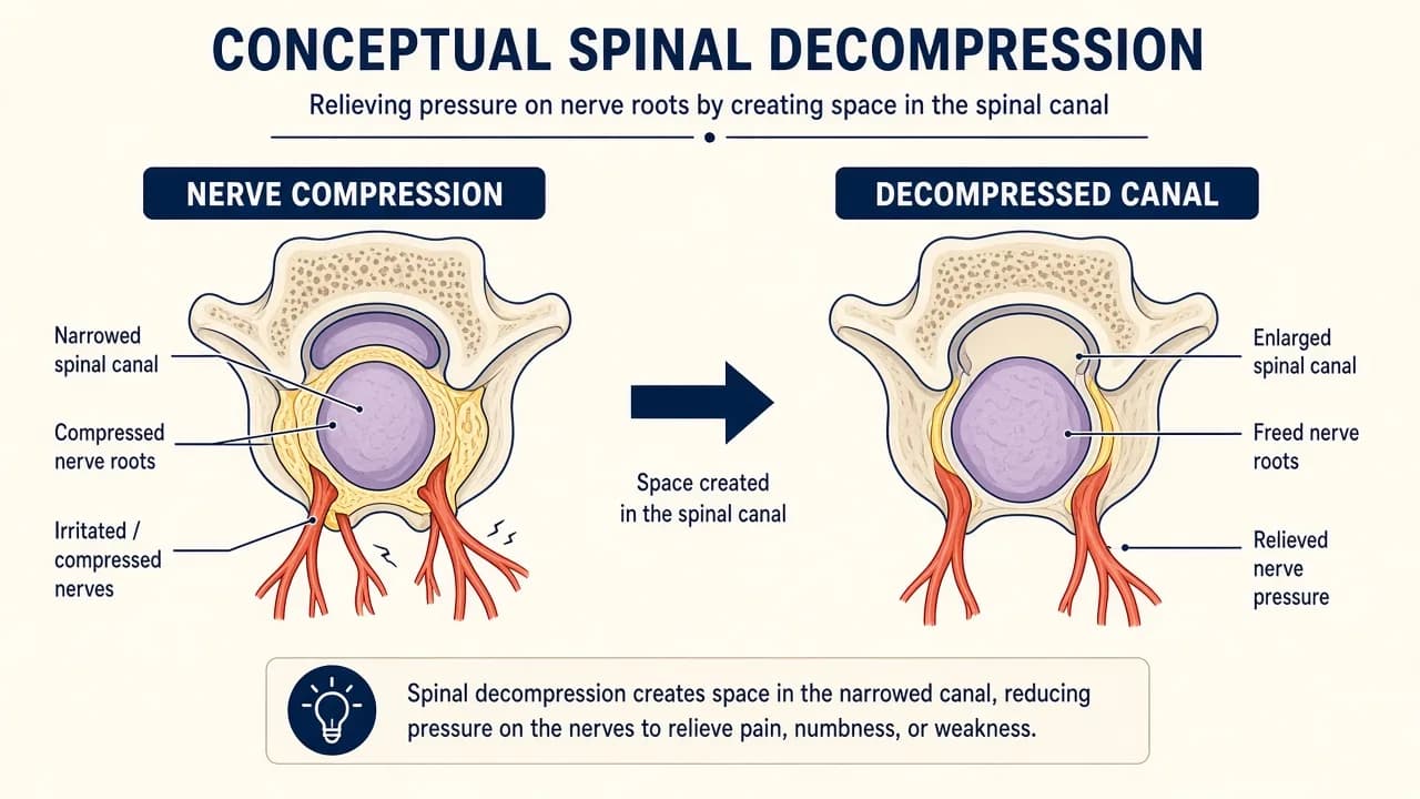 Illustration of a narrowed spinal canal and the concept of freeing compressed nerve elements