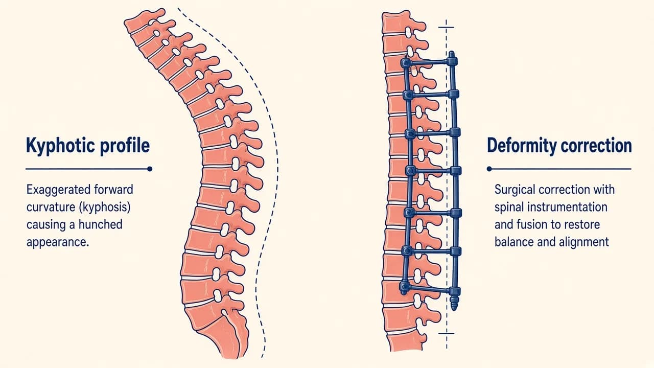 Illustration of a kyphotic spinal profile and the concept of instrumented deformity correction