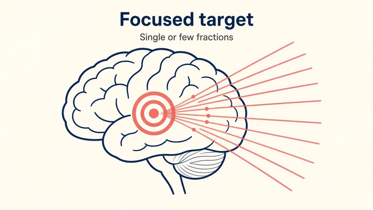 Illustration of many radiation beams meeting at a small intracranial target