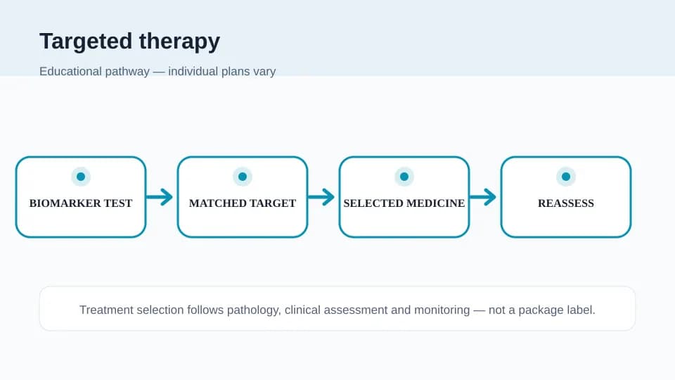 Medical illustration showing biomarker testing, a matched cancer target, selected medicine and response reassessment
