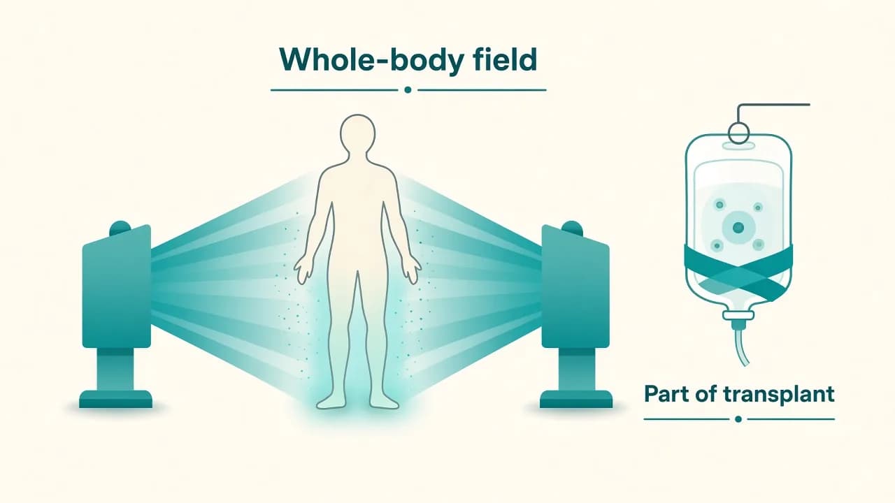 Illustration of total body irradiation as whole-body radiation inside a stem-cell transplant protocol