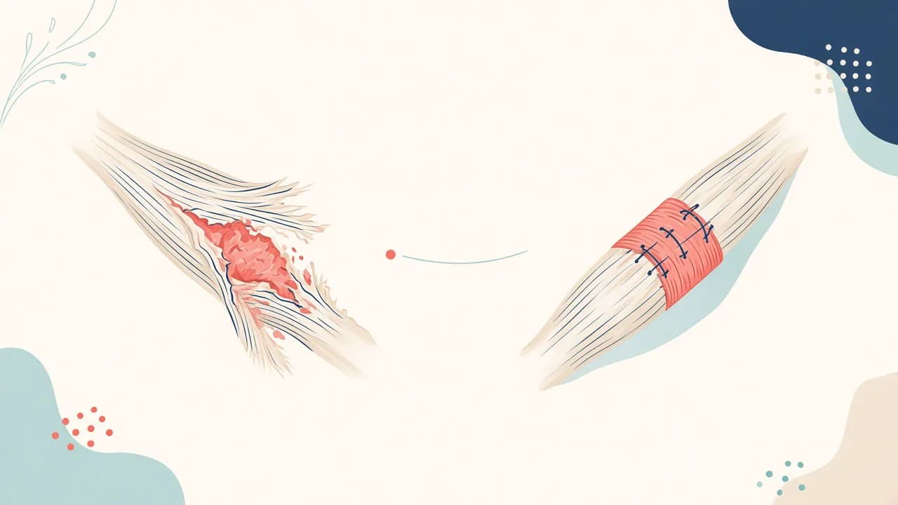 Illustration of a torn tendon and conceptual core suture repair