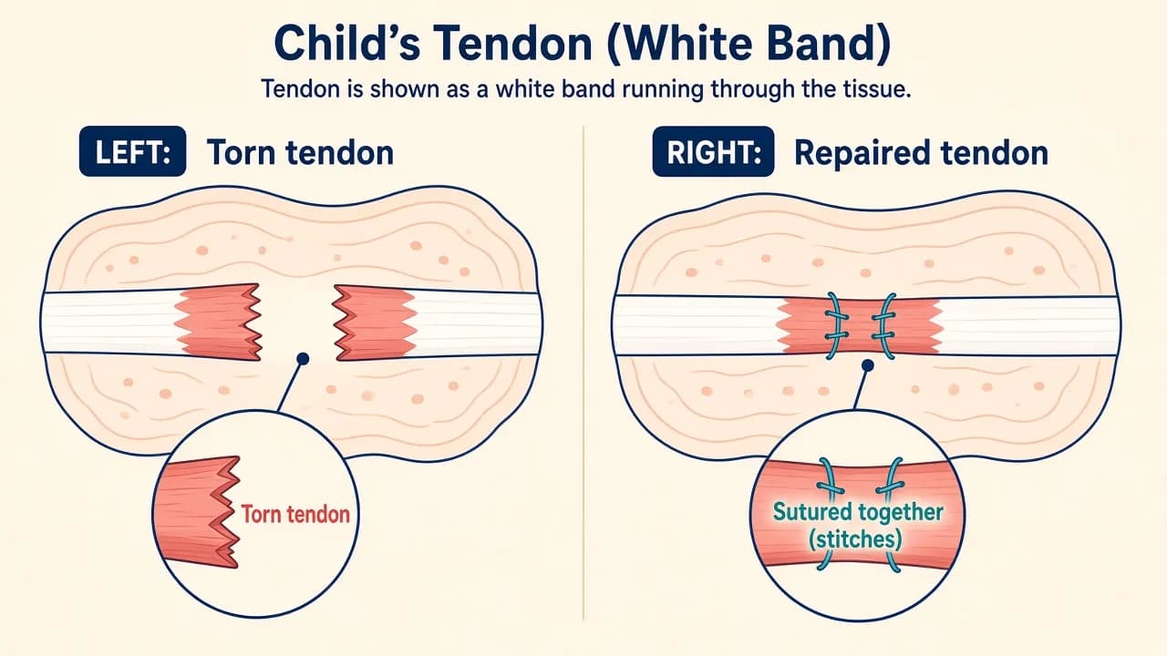 Illustration of a child's torn tendon beside the same tendon repaired with sutures