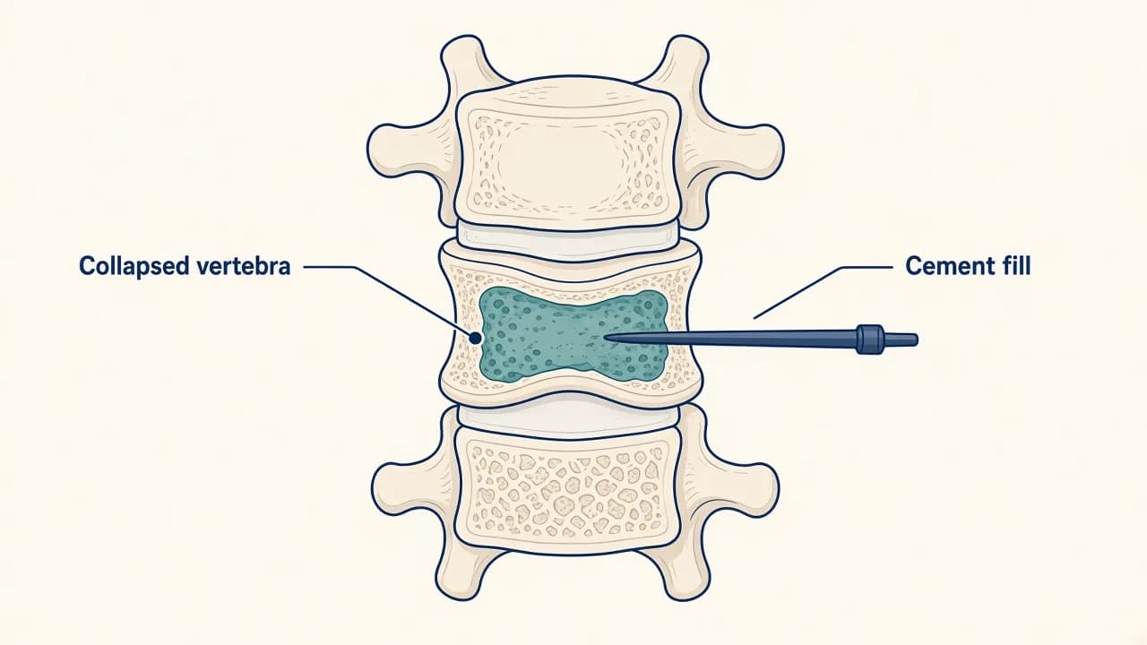 Illustration of cement being placed into a collapsed vertebral body