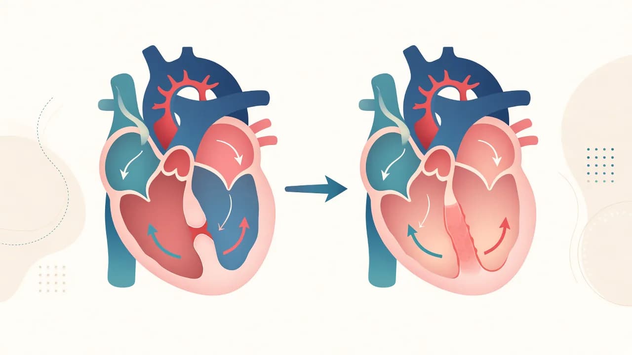 Illustration showing a ventricular septal opening and the concept of VSD closure