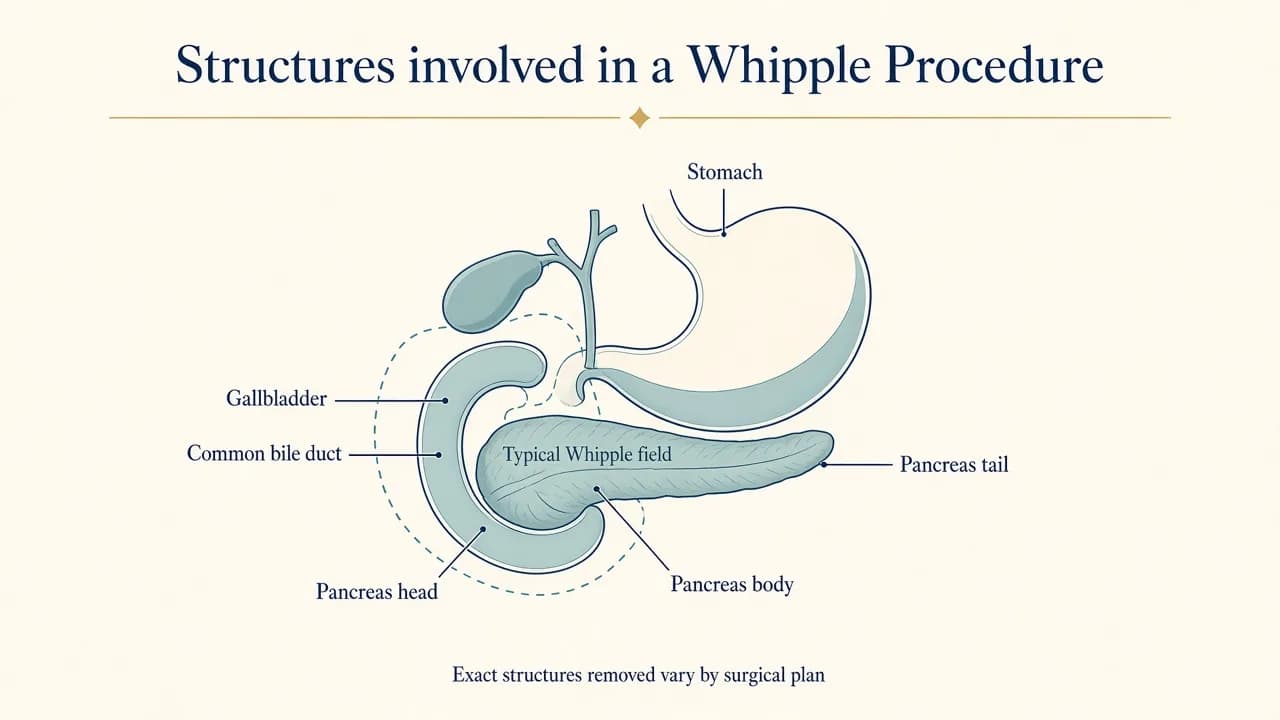 Medical illustration showing the pancreas, duodenum, bile duct and nearby structures involved in a Whipple Procedure