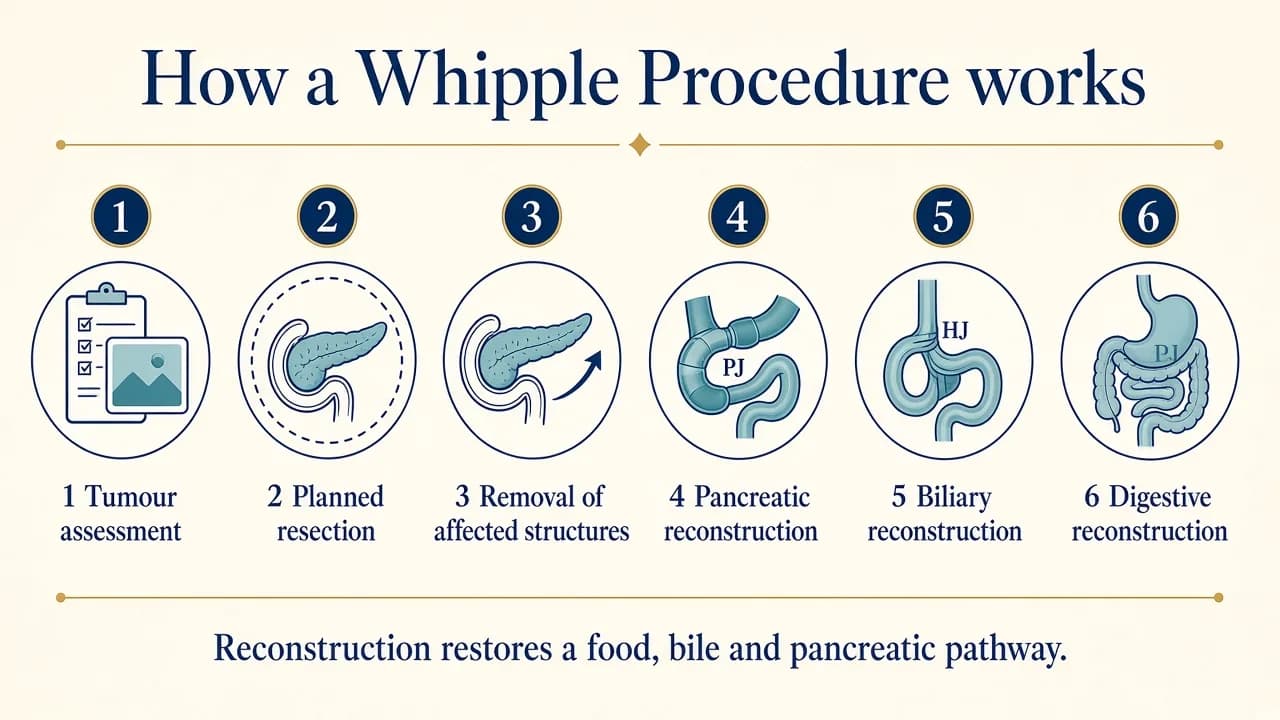 Illustration showing the main stages of a Whipple Procedure including resection and reconstruction of the digestive system