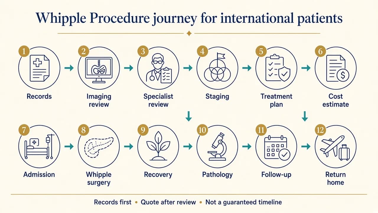 Illustration showing the Whipple Procedure treatment journey for international patients travelling to India