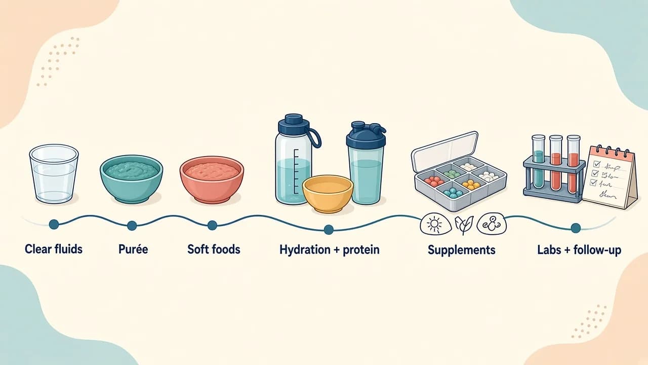 Diet progression, hydration, protein, nutritional monitoring and home follow-up after duodenal switch (BPD/DS)