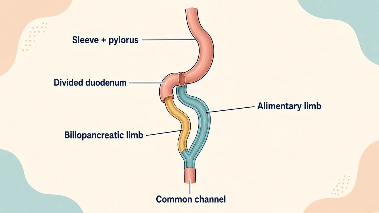 Medical illustration of sleeve stomach, alimentary limb, biliopancreatic limb and short common channel created during BPD/DS