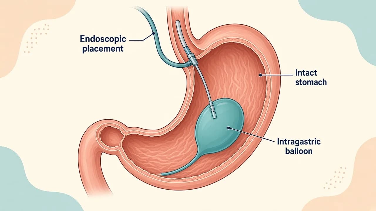 Medical illustration of a temporary filled intragastric balloon occupying space within the stomach without changing intestinal anatomy